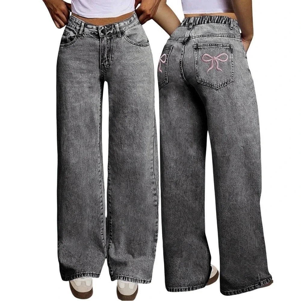 Girls Bow Print Back Zipper Fly Elastic High Waist Denim Pants Wide Leg Jean 13y